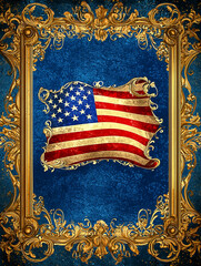 AI Generated - American flag in a gold frame on a blue background. Commercial illustration artwork for business applications. High-resolution. Premium quality. Professional grade. Detailed. -