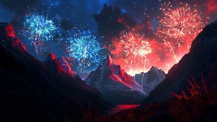 AI Generated - Night sky filled with colorful fireworks exploding over a mountain range, with lush green grass and a body of water in the foreground. Commercial illustration artwork for business.