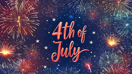 AI Generated - Vibrant display of fireworks in the night sky, with the words "4th of July" written in bold lettering across the top. Commercial illustration artwork for business applications.