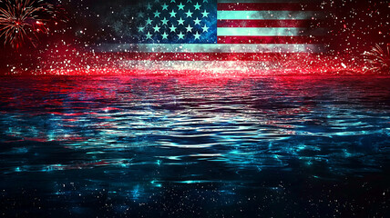 AI Generated - American flag in the water with fireworks in the background, creating a festive atmosphere for the 4th of July. Commercial illustration artwork for business applications. - Professional