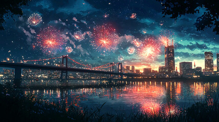 AI Generated - City skyline illuminated by fireworks in the night sky, with a bridge spanning a body of water in the foreground. Commercial illustration artwork for business applications. -
