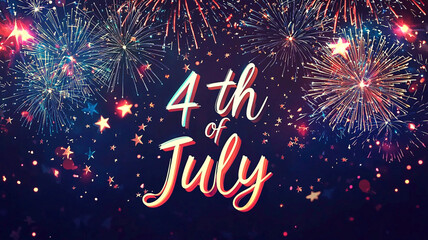 AI Generated - Vibrant display of fireworks with the words "4th of July" written in bold, white lettering against a bright red background. Commercial illustration artwork for business applications.