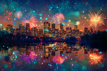 AI Generated - City skyline illuminated by fireworks in the night sky over a body of water. Commercial illustration artwork for business applications. High-resolution. Premium quality. Professional.