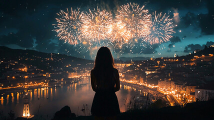 AI Generated - Woman standing on top of a hill, looking out over a city at night, illuminated by the lights of the buildings and the sparkles of the fireworks in the sky. Commercial illustration.