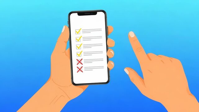 Hand holding smartphone with checklist on screen, showing completed and incomplete tasks with checkmarks and crosses