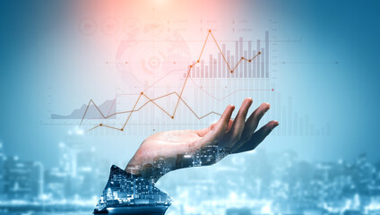 A conceptual image featuring a hand holding vibrant financial data visualization with graphs, symbolizing economic growth against a modern city skyline. Scalp