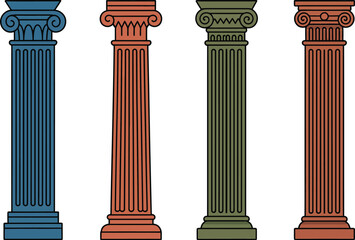 Obraz premium Four colorful ancient greek column isolated on white background in different style