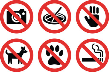 Prohibition signs isolated on white background for various activities and items