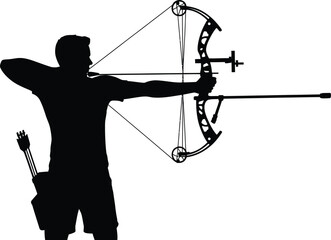 Obraz premium Silhouette of an archer aiming with a compound bow, isolated on white background, ready to shoot