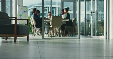 Boardroom, discussion and meeting with business people in workplace together for planning. Collaboration, conversation and strategy with employee team in glass office for project management or review - Powered by Adobe