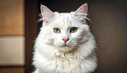 A close-up portrait showcases a pure white feline with striking, light green eyes and a fluffy, voluminous coat. Soft lighting highlights its features