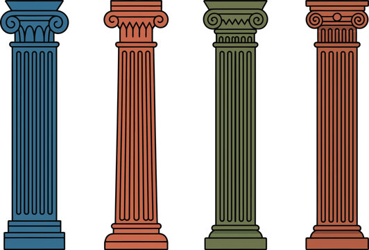 Four colorful ancient greek column isolated on white background in different style