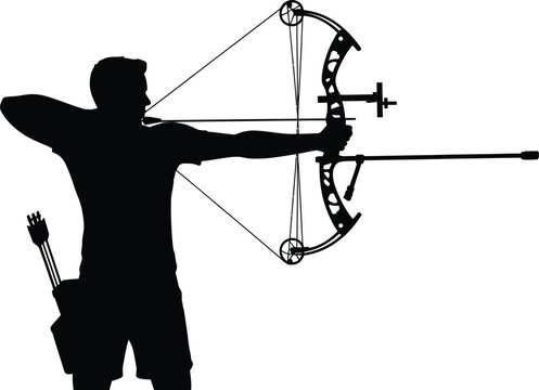Silhouette of an archer aiming with a compound bow, isolated on white background, ready to shoot