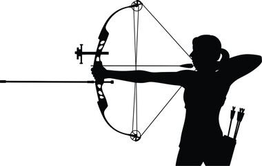 Silhouette of a female archer aiming with a bow and arrow isolated on white background sportswoman