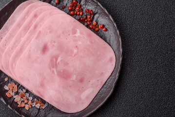 Meat, square ham sliced, organic food, protein for snacks. Sliced ham as a background