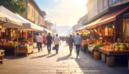 A bustling marketplace scene featuring numerous stalls, people strolling, & buildings. Sunlight streams down the road, painting the area with a warm glow