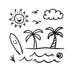 Cheerful beach scene with sun, palm trees, and surfboard