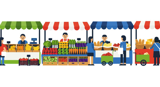 Colorful Outdoor Market Stalls with Vendors Selling Fresh Produce Flat Illustration.