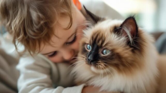 A Childs Affection - A Heartwarming Moment with a Ragdoll Cat.