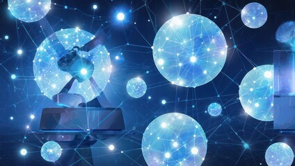 Spherical network clusters with connected nodes overlaying robotic arm imagery against a blue backdrop