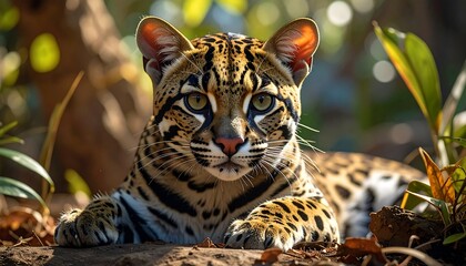 A close-up portrait showcases a small, spotted wildcat with intense gaze. The feline rests amongst leaves, blending with forest hues