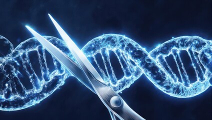 Conceptual image of scissors cutting a glowing DNA strand against a dark blue backdrop