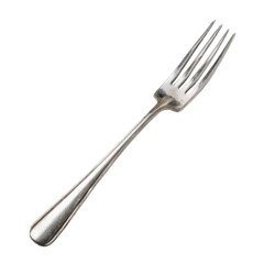 A classic, slightly aged silver fork with four tines, meticulously isolated against a stark transparent background. This elegant utensil is perfect for dining imagery. background removed