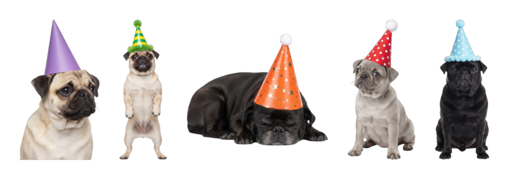 Pug dogs set including fawn, black, and grey pugs in various poses and colorful party hats isolated. Celebration and birthday collection.