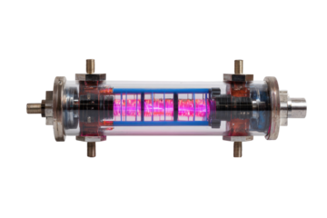 A transparent glass tube device with metal ends, featuring a glowing pink electric discharge or plasma inside a structured cage, isolated on black. background removed