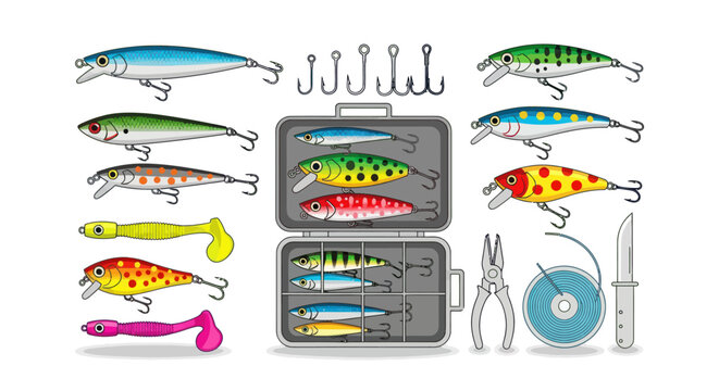 Vibrant Fishing Lures Hooks Tackle Box and Essential Angling Gear Collection.