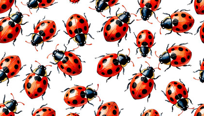 Fototapeta premium Red ladybugs arranged in a seamless pattern on white background 