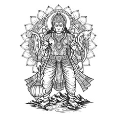 Lord Hanuman with ethnic texture, black and white vector illustration