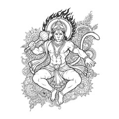 Lord Hanuman with ethnic texture, black and white vector illustration
