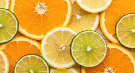Obraz premium Vibrant Citrus Medley: Close-up of Freshly Sliced Oranges, Lemons, and Limes