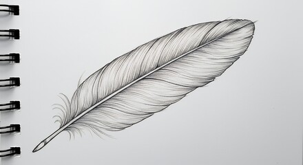 Detailed pencil drawing of a feather on white paper with spiral binding