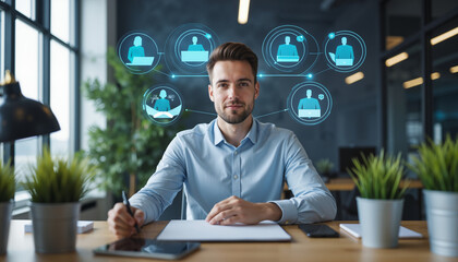 Young businessman sitting at desk with digital icons in office  