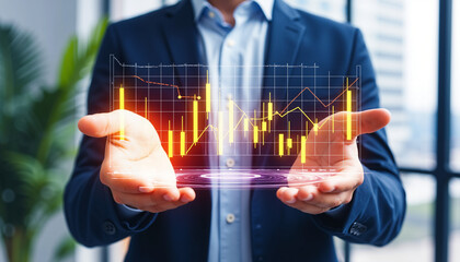 Businessman presenting financial data visualization with glowing graphs  