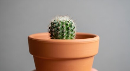 Vibrant Green Cactus with White Spines in Terracotta Pot, Minimalist Grey Background