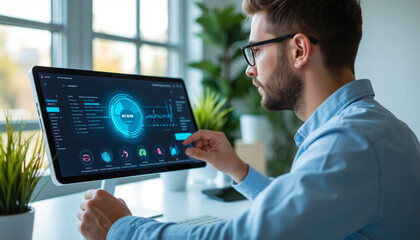 Obraz premium Young man working on modern computer with data analytics interface 