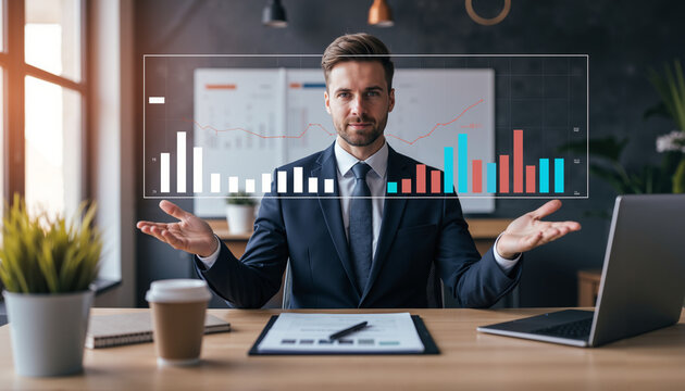 Businessman presenting finance data visualization in modern office - Powered by Adobe