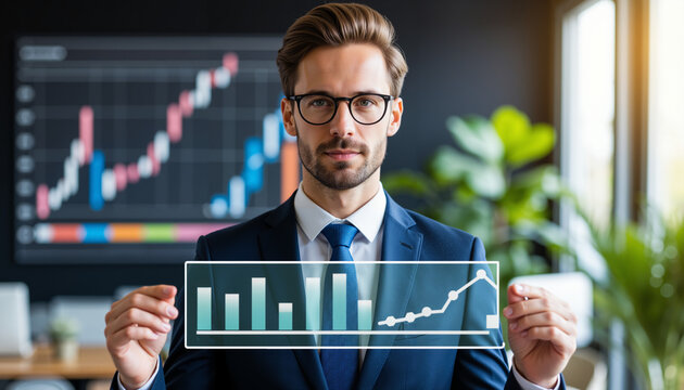 Businessman analyzing financial data on transparent screen in office