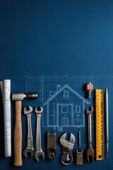 Architectural tools and building house blueprint on blue background for construction and engineering concepts