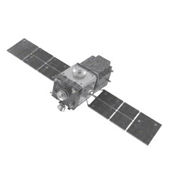 Halftone dotted illustration of a satellite isolated on white background, representing space technology, communication, and orbit science in retro pop art style © Margary