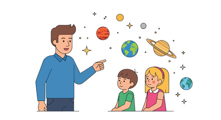 Teacher Explaining Solar System to Students with Planets Illustration. © wong