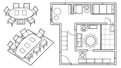 Set of CAD Furniture Top View Symbols in Minimal Line Style for Architectural Floor Plans and Interior Design Drawings