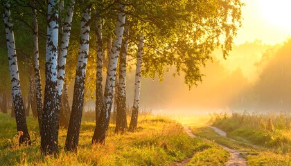 Fototapeta premium Sunrise in a Birch Grove, Peaceful Morning Light.