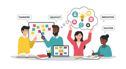 Diverse Team Brainstorming Ideas with Sticky Notes Laptop and Creative Thought Bubbles. © wong