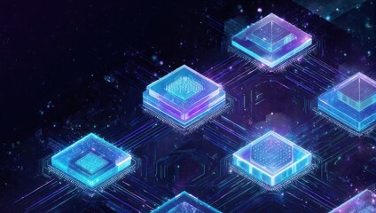Abstract illustration of interconnected, glowing digital cubes and circuits in a dark, starry space