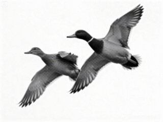 flying ducks isolated on white background, representing wildlife, nature, and freedom in retro pop art style