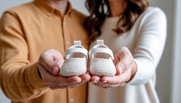 Expecting parents holding baby shoes in cozy indoor setting  